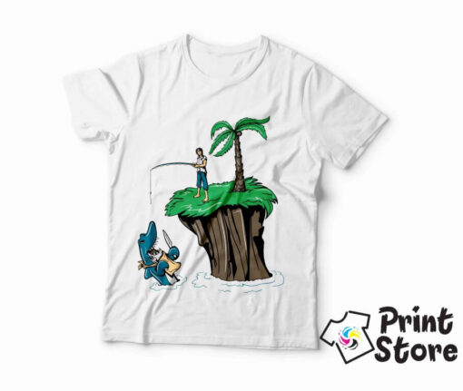 Muška bela majica pecaroš hvata ajkulu. Print Store