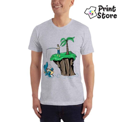 Muška majica sa motivima pecanja na pustom ostrvu. Majice po želji. Print Store