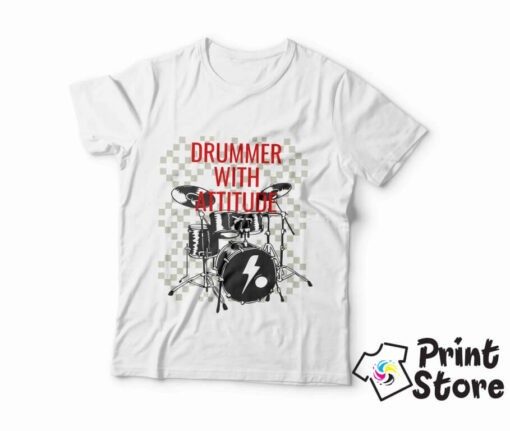 Drummer with attitude - Bela muška majica DTG štampa