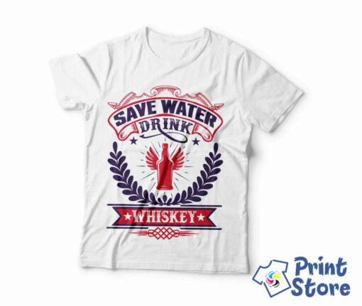 Save water dring whiskey - muška bela majica. Print Store majice sa natpisima.