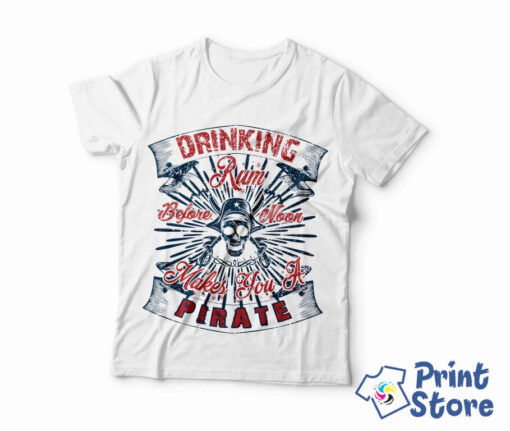 Drinking pirate - muška bela majica. Print Store majice sa natpisom.
