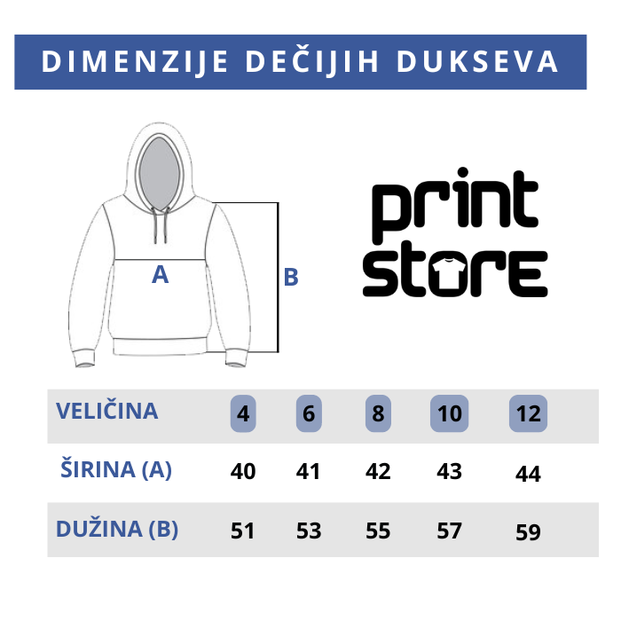 Dimenzije dečijih dukseva Print Store