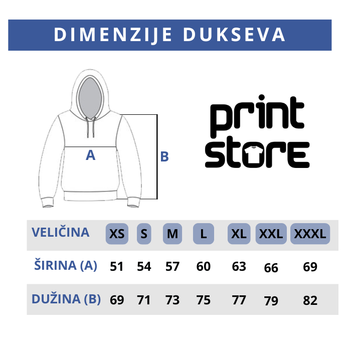 Dimenzije dukseva unisex Print Store