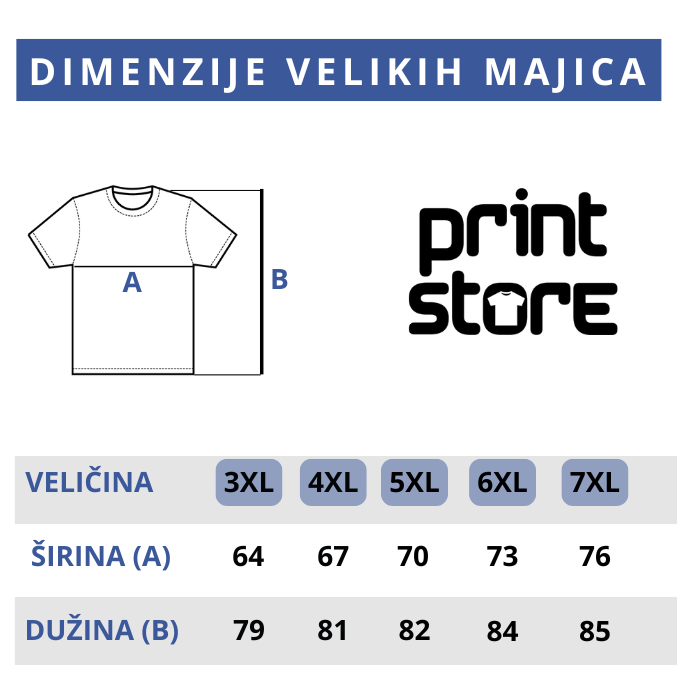 Dimenzije velikih majica Print Store